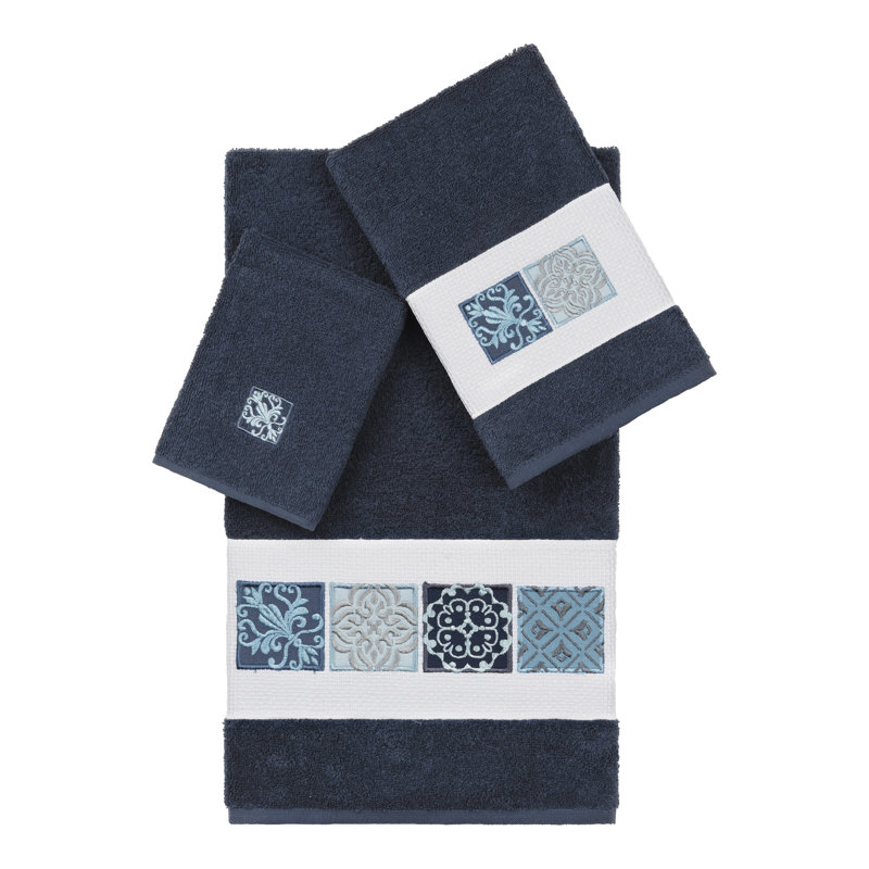 Ensemble de serviettes 100% coton turc 3 pièces Oseas, Bleu minuit