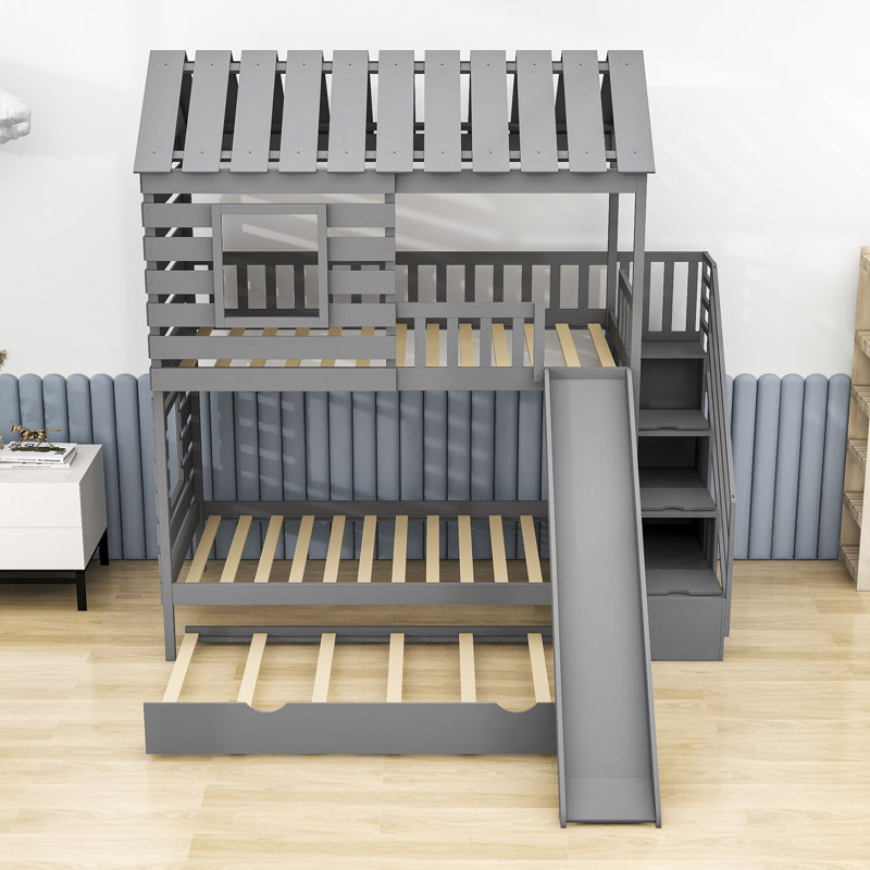 Herington Kids Twin Over Twin Bunk Bed with Trundle, Gray