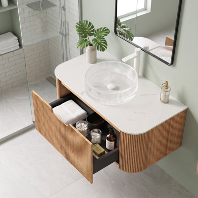 Meuble-lavabo mural de 36 po en contreplaqué, couleur grain de bois naturel, armoire de rangement imperméable et anti-déformation avec bords arrondis et conception rayée, pré-assemblé, n'inclut pas le robinet ni les raccords de drain