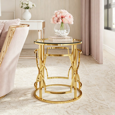 Table d'appoint ronde dorée de luxe 19,7 pouces avec tablettes de rangement
