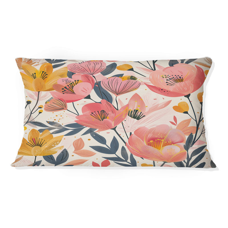 Coussins lombaires roses et jaunes à motif floral fusion