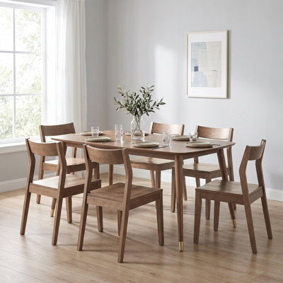 Ensemble de salle à manger 7 pièces en bois massif de style Mid-Century Norvia & Morven, table rectangulaire de 60 po avec rebords biseautés et pieds recouverts de métal et 6 chaises empilables à dossier angulaire, brun châtaignier