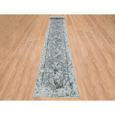 2'8" x 20'0" New Hand Knotted Grey Wool & Silk Runner Oriental Rug - MOA10265214