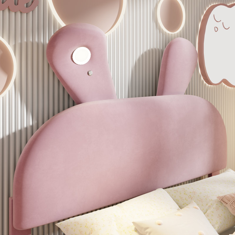 Full Size Pink Upholstered Platform Bed with Cartoon Ears Headboard, LED Light, Storage Stools, No Box Spring Needed