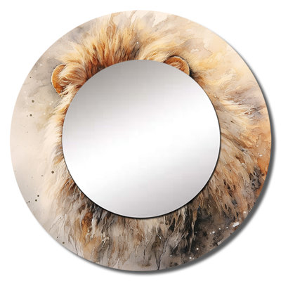 Fierce Lion III - miroir décoratif lion, grand miroir mural rond brun, impression d'art en métal