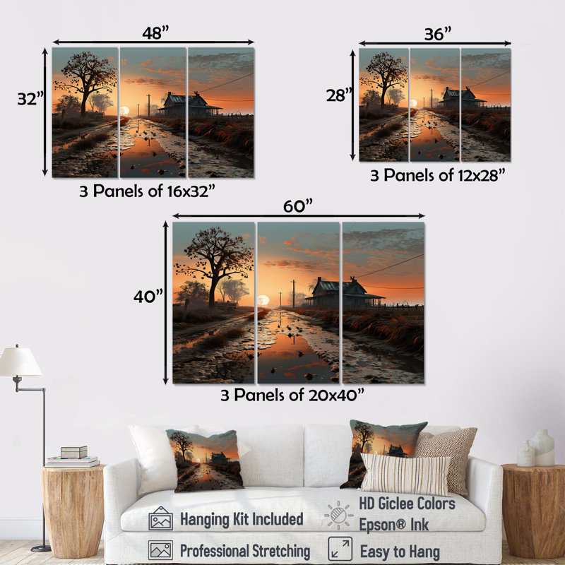«Sunrise Countryside Farm Unveilé I», ensemble d'art sur toile, H 40 po x l 60 po x P 1 po