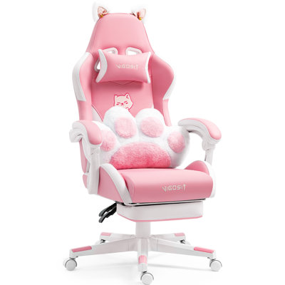 Gaming Chair - Pink PU Leather Ergonomic Reclining Office Chair with Footrest, 310lb Capacity
