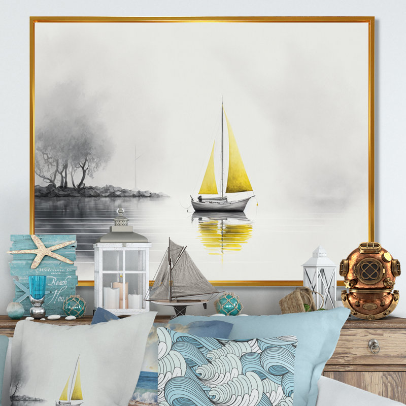 Bateau ancré II - reproduction sur toile, H 12 po x l 20 po x P 1 po, Toile avec cadre flottant or