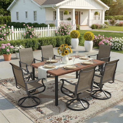 6-Person Rectangular Patio Dining Set With 360° Swivel PVC-Coated Polyester Chairs