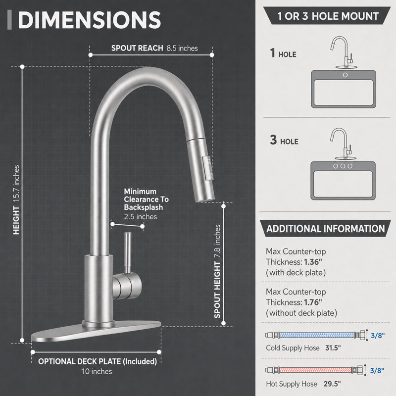 Kitchen Faucet with Pull Down Sprayer, 2-Mode, High Arc, Brushed Nickel, Includes Deck Plate, Brushed Nickel