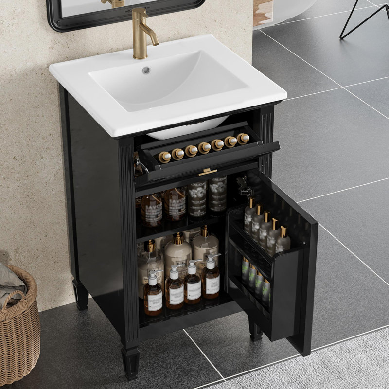 Meuble-lavabo autoportant de 20 po avec lavabo en céramique, Noir