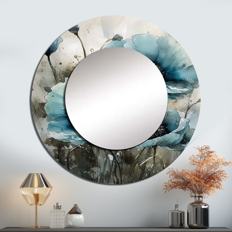 Fleurs de pavot bleu pâle et blanc II - miroir décoratif coquelicots, miroir mural rond traditionnel, impression d'art en métal