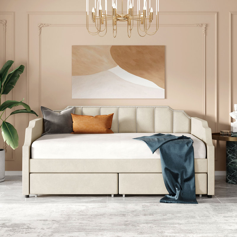 Lit de jour rembourré avec tiroirs, Beige