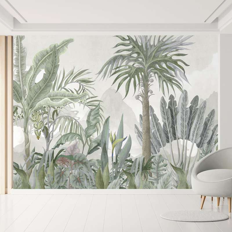 Gris doux Misty Jungle avec des plantes tropicales détaillées, L 132 po x l 120 po