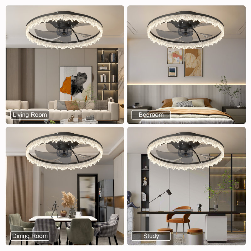 Ventilateur de plafond moderne en cristal noir avec lumière et télécommande, température de couleur réglable, 20" Wide