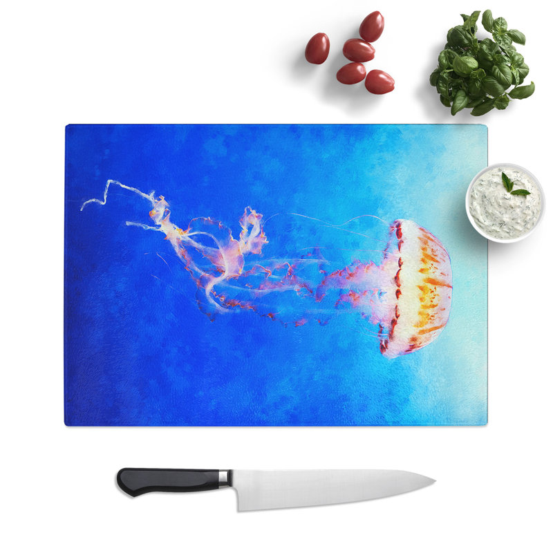 Tempered Glass Orange Jellyfish Chopping Board, 28.5 cm x 39 cm