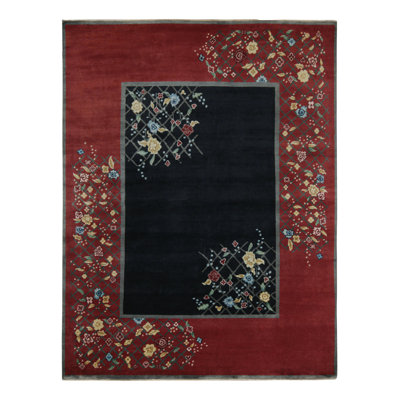 Rug & Kilim's Chinese Art Deco Rug In Red & Black With Colorful Florals