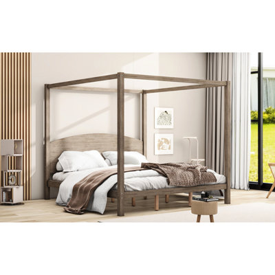 King Size Canopy Platform Bed With Headboard, Support Legs In Brown Wash - Contemporary Vibe Stable Legs,
