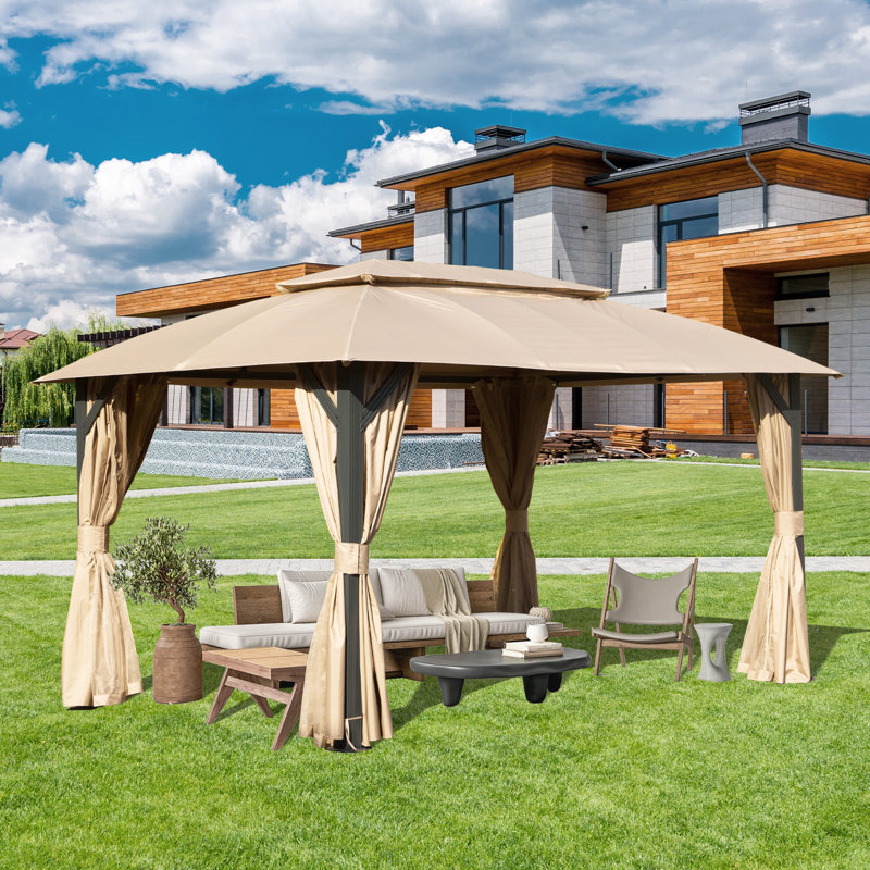 Metal Ventilation Double Roof Party Tent Gazebo, 9.81 ft x 13.86 ft, Brown