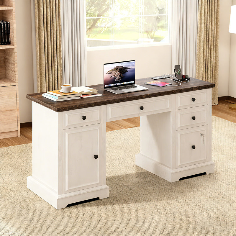 59" Farmhouse Computer Desk With Drawers & Power Outlets - Lockable File Cabinet, Rustic Wood Executive Desk, Brown/White