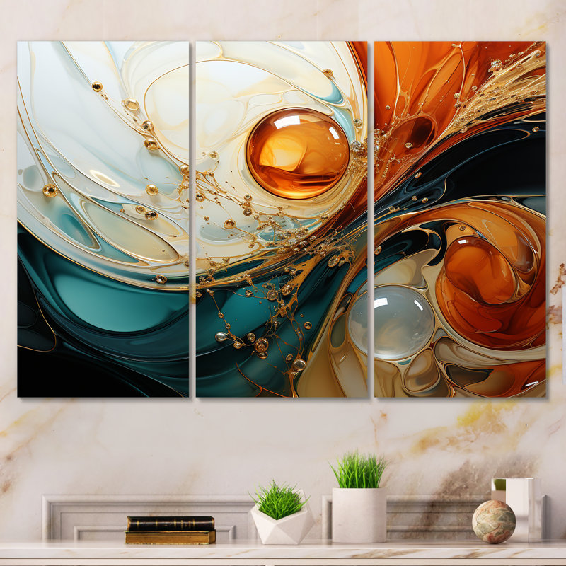 Planète vagues orange et or III - art mural abstrait, H 28 po x l 36 po x P 1 po, Toile tendue