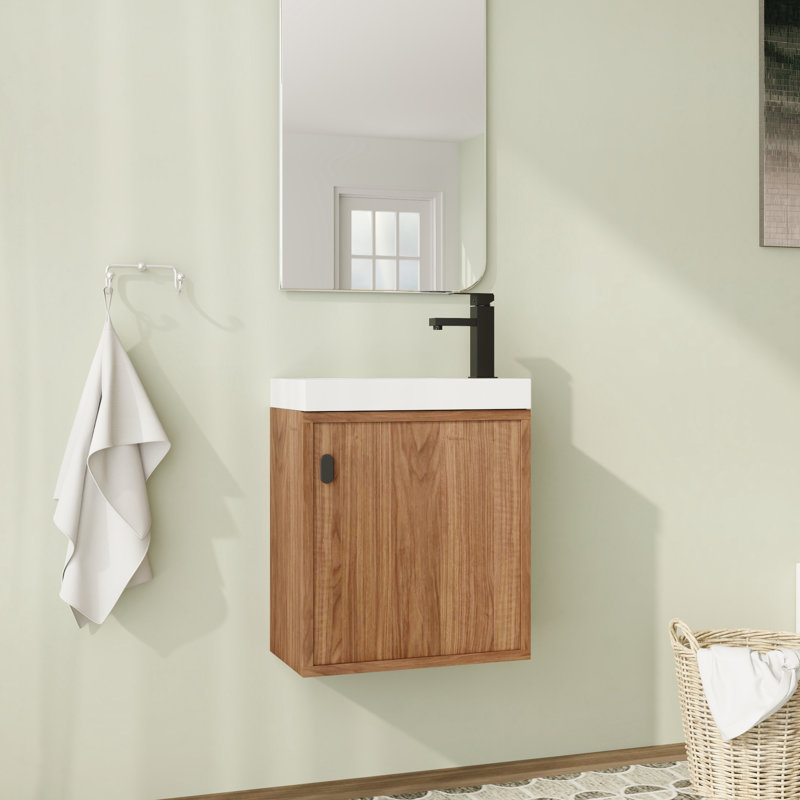 Meuble-lavabo flottant mural 18,5 po avec plateau en résine et porte à fermeture en douceur, Walnut