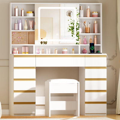 Adriel 43.3" Makeup Vanity Desk With Sliding Mirror & LED Lights, Power Outlet, Detachable Jewelry Box, 11 Drawers