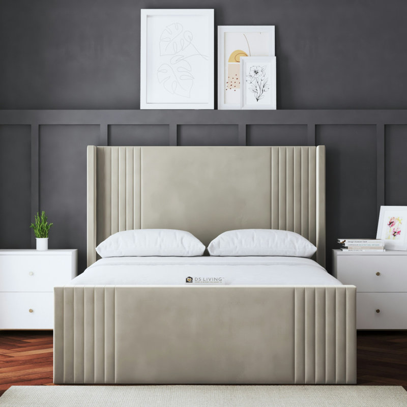 Elara Winged Panel Bed with Headboard, Beige, Double (4'6)