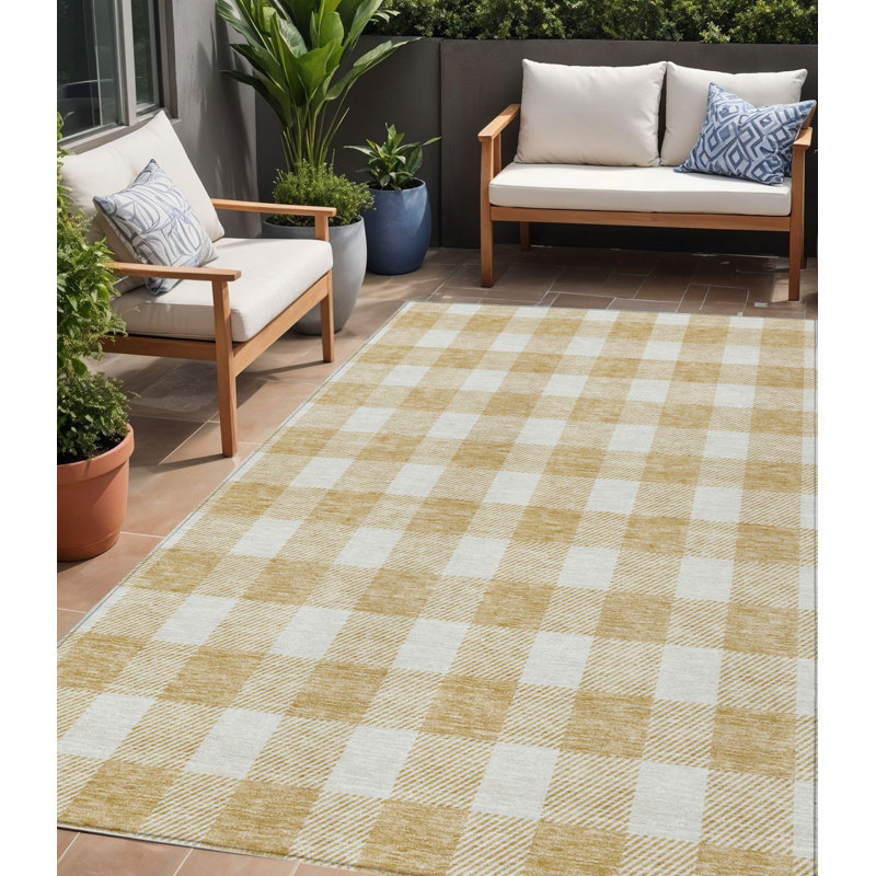 5' X 8' Gold Plaid Washable Indoor Outdoor Area Rug