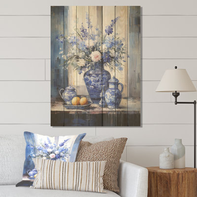 Poterie bohème bleue et blanche IV - poterie bohème sur bois