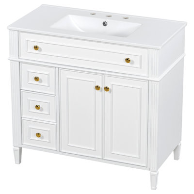 Meuble-lavabo de 36 po avec lavabo en bois massif avec tiroir escamotable, 3 tiroirs et 2 portes à fermeture en douceur, poignées dorées et design moderne