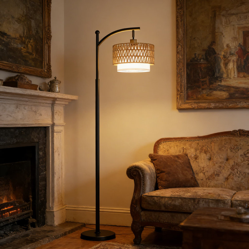 Arc Floor Lamp With Remote Control - Adjustable Brightness & Color Temperature, Double Drum Rattan And Fabric Lampshades, Stepless Dimming, Easy Assembly, Bulb Included