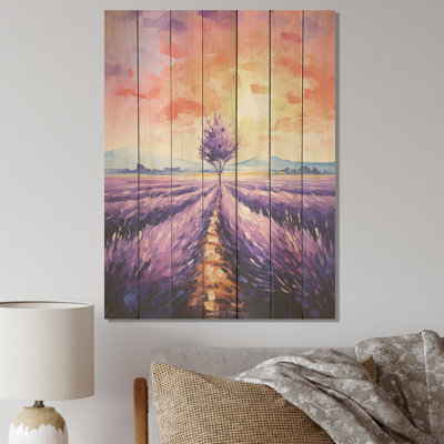 Purple Lavender Fields At Sunrise - Thistle On Wood Print