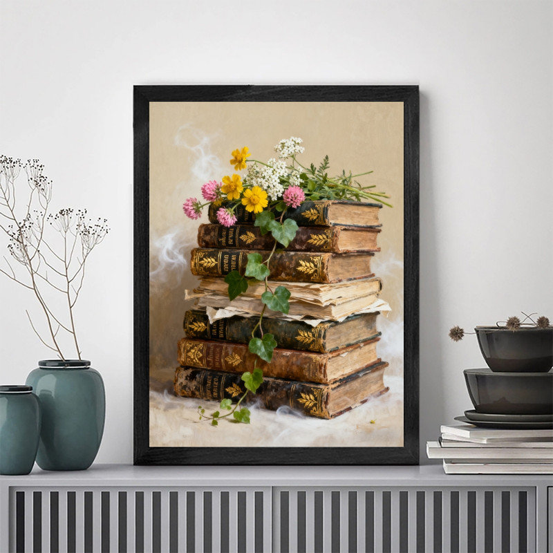 Art mural encadré noir et livre rétro, impression gothique classique de nature morte, H 11 po x l 9 po