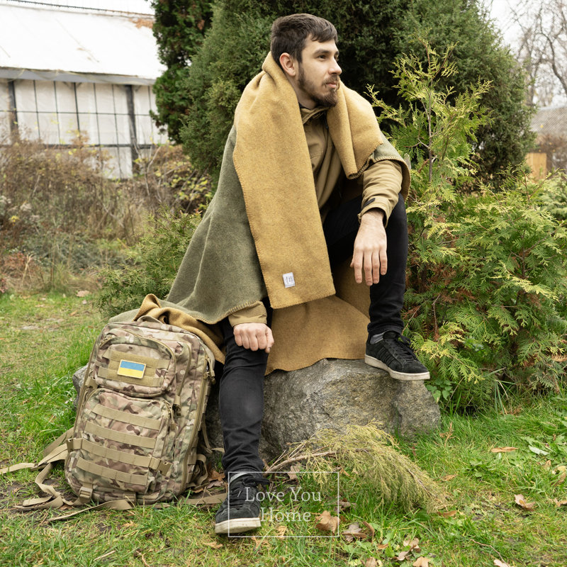 LoveYouHome Blanket, Olivegreen/Mustard, 130 cm W x 170 cm L