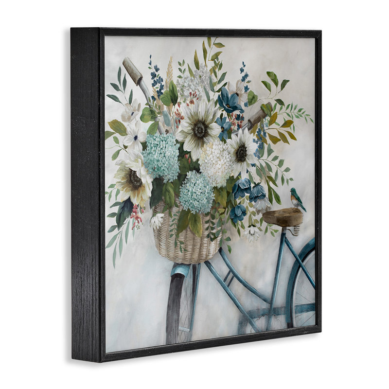 Panier à vélo floral par Nan, H 24 po x l 24 po x P 1,5 po, Giclée encadrée noir minuit