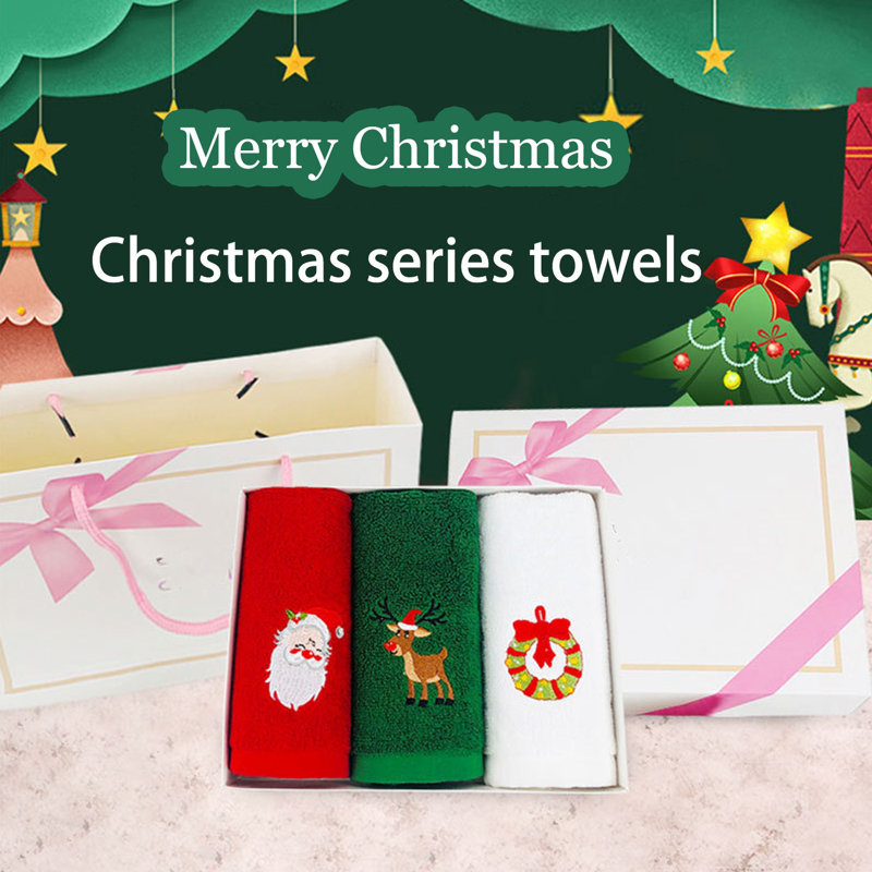 DIY Embroidered Christmas Towel Set Of 3, Soft Cotton, Red, White And Green Holiday Colors, Creative Embroidered Style, Perfect Home Christmas Gift