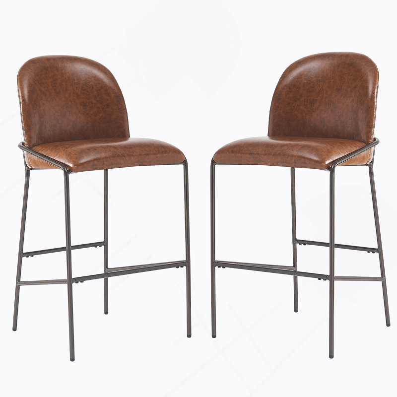 Ensemble de 2 tabourets de bar d'intérieur revêtus de métal, finition bronze antique et similicuir brun