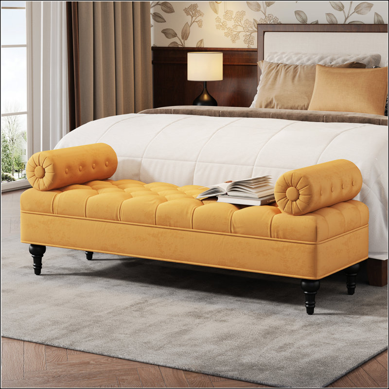 Banc rembourré moderne en velours avec 2 coussins amovibles, repose-pieds confortable pour le salon et le vestibule, Jaune