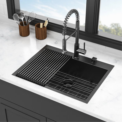 Stainless Steel Drop In Sink 28x22 - Gunmetal Black 16 Gauge Single Bowl Easy To Clean And Maintain No Kitchen Deep Prevents Grease Grime Wipe