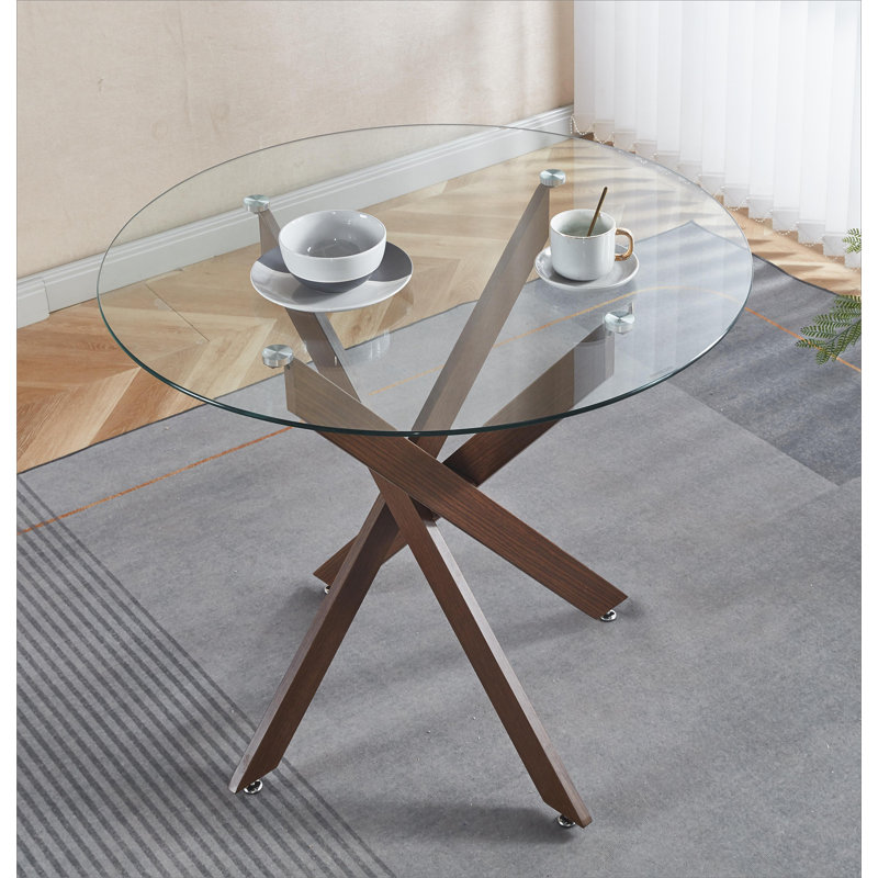 Round Dining Table with metal leg and tempered glass,Modern Space Saving Kitchen Table for Living Room, Walnut