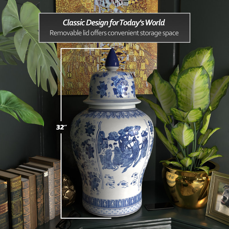 Timeless Chinese Temple Jar, Blue Ladies, 32"