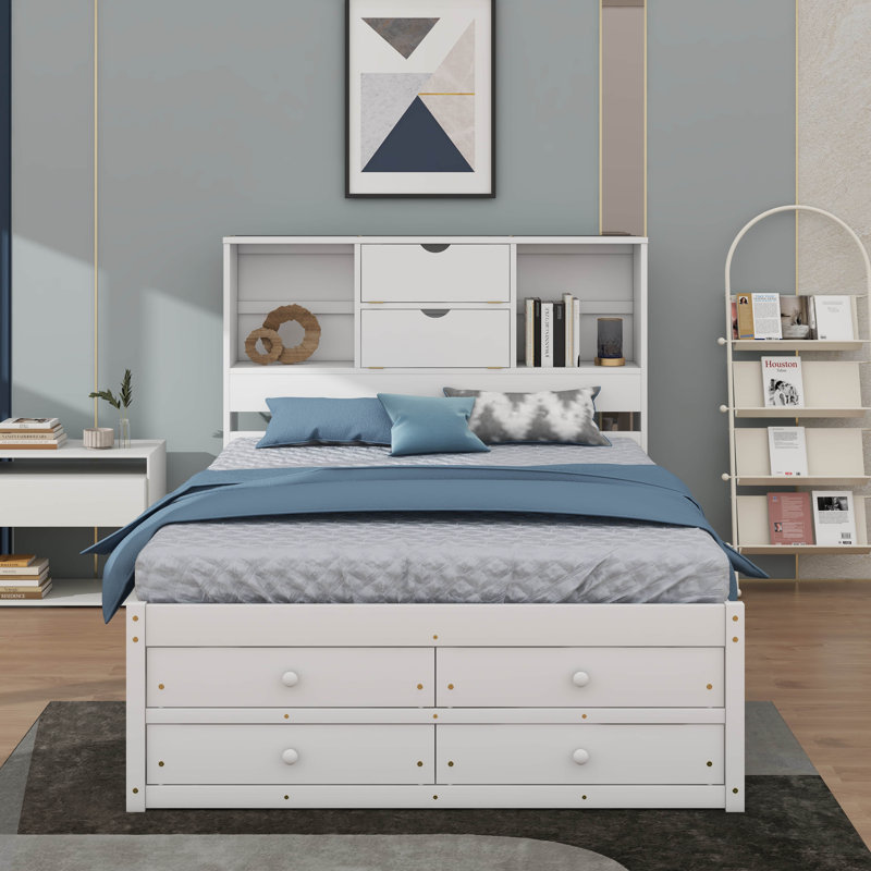 Grand lit plateforme avec tête de lit et tiroirs de rangement, Blanc