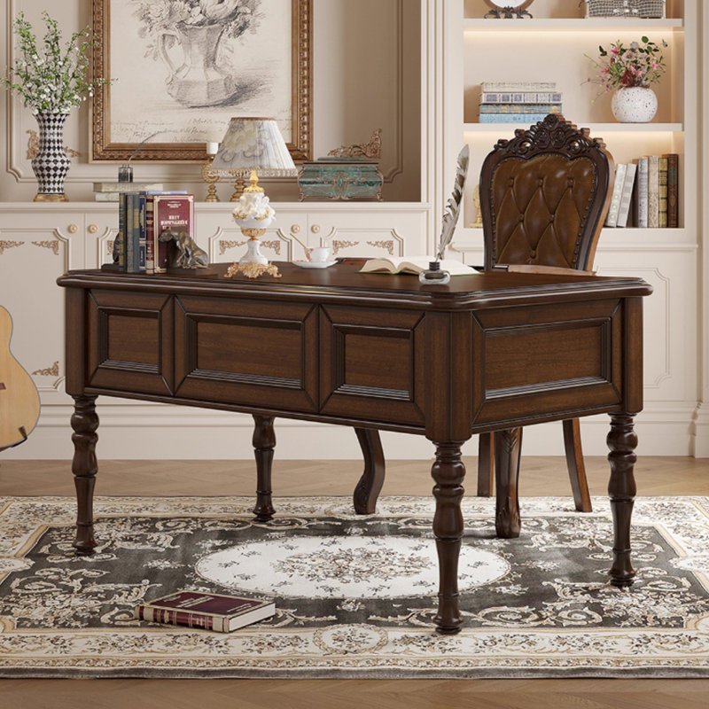 Nut-brown Rectangular Solid Wood with 5 drawers desk