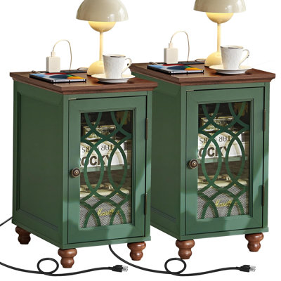 Farmhouse Side Table Set of 2 with Charging Station, Glass Door Storage & Solid Wood Legs