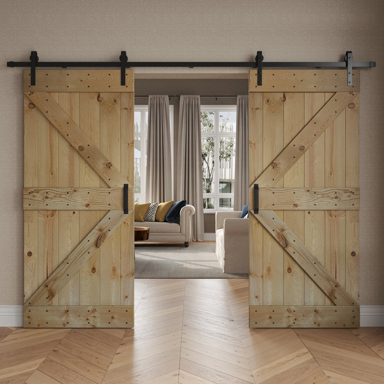 K Series Pine Wood Double Sliding Barn Door with Hardware Kit