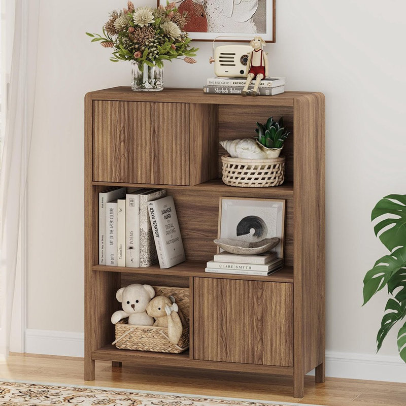Bibliothèque à 5 cubes avec portes, rangement en bois de style maison de campagne pour bureau à domicile, chambre à coucher, salon (noyer)