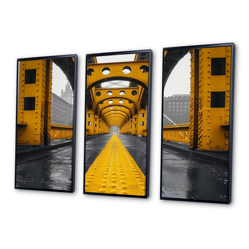 Yellow Black Steel Symphony Bridge I " Yellow Black Steel Symphony Bridge I " 3 - Pieces, Cadre flottant noir
