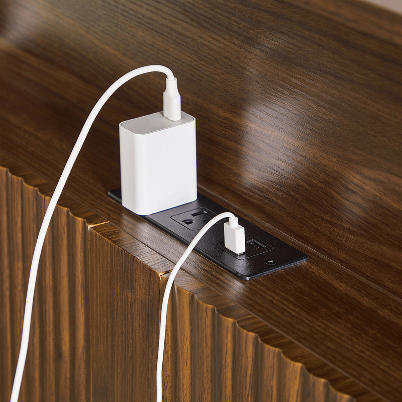 Base de lit plateforme avec tête de lit et station de charge, Noyer, Double