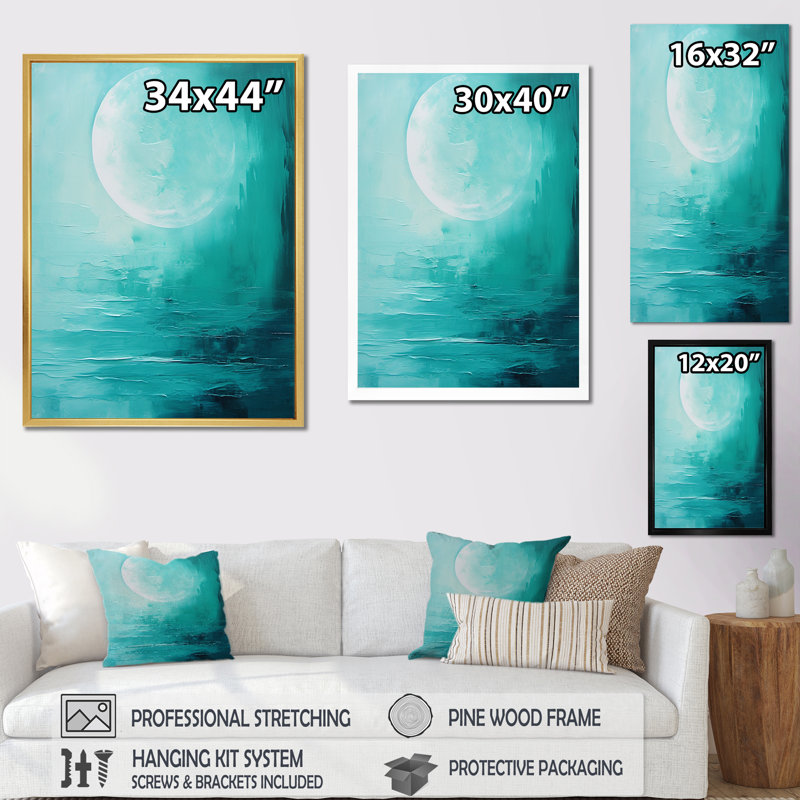 Teal Moon Tranquility I - Moon, reproduction d'art sur toile, Cadre flottant doré, H 32 po x l 16 po x P 1 po